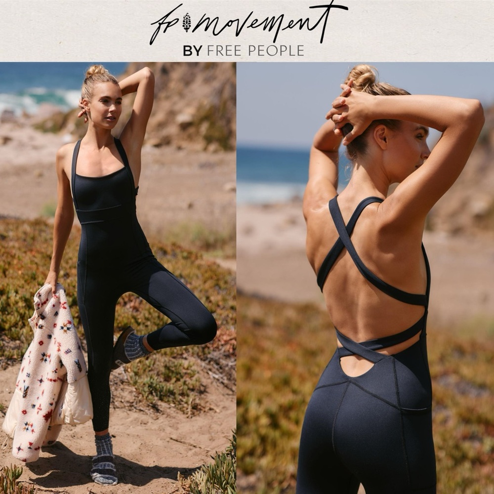 FP Movement by Free People My High Onesie Black Jumpsuit Romper Crisscross Strap